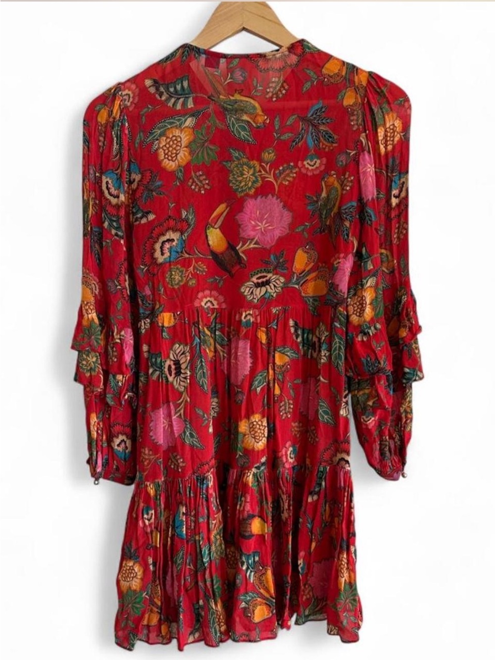 Farm Rio Anthropologie Tropical Toucan Tiered Mini Dress XS Petite Boho - Picture 3 of 8